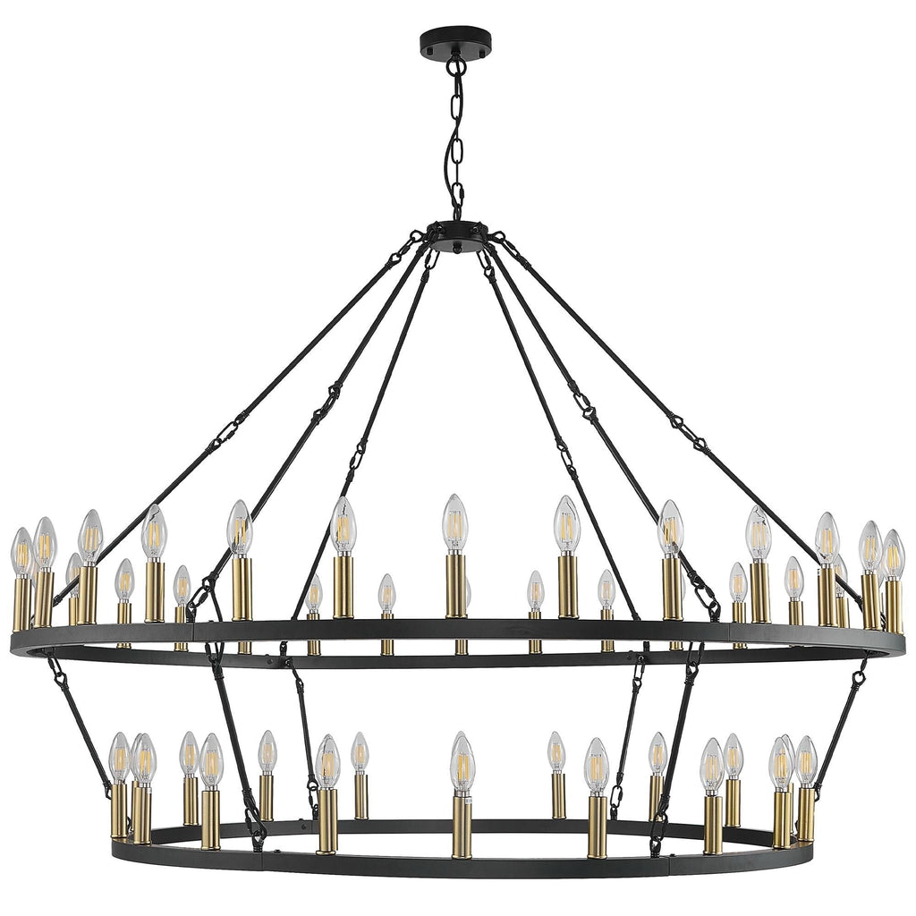 Lustre de ferme moderne à 2 niveaux, lustre rond en forme de roue de chariot, grand plafonnier haut.