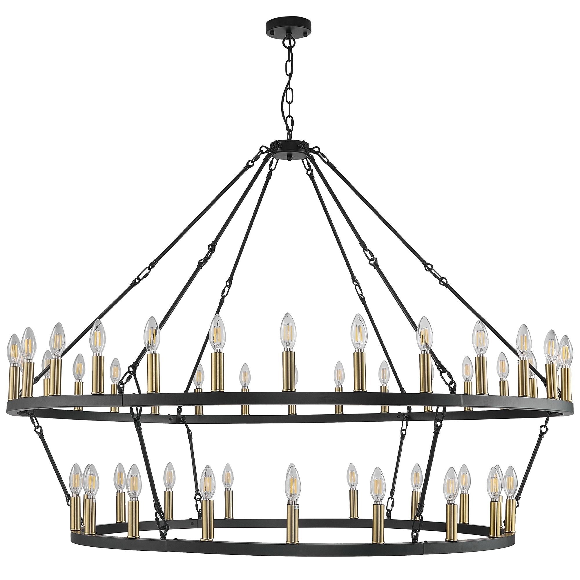 Lustre de ferme moderne à 2 niveaux, lustre rond en forme de roue de chariot, grand plafonnier haut.
