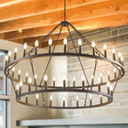 Lustre de ferme moderne à 2 niveaux, lustre rond en forme de roue de chariot, grand plafonnier haut.