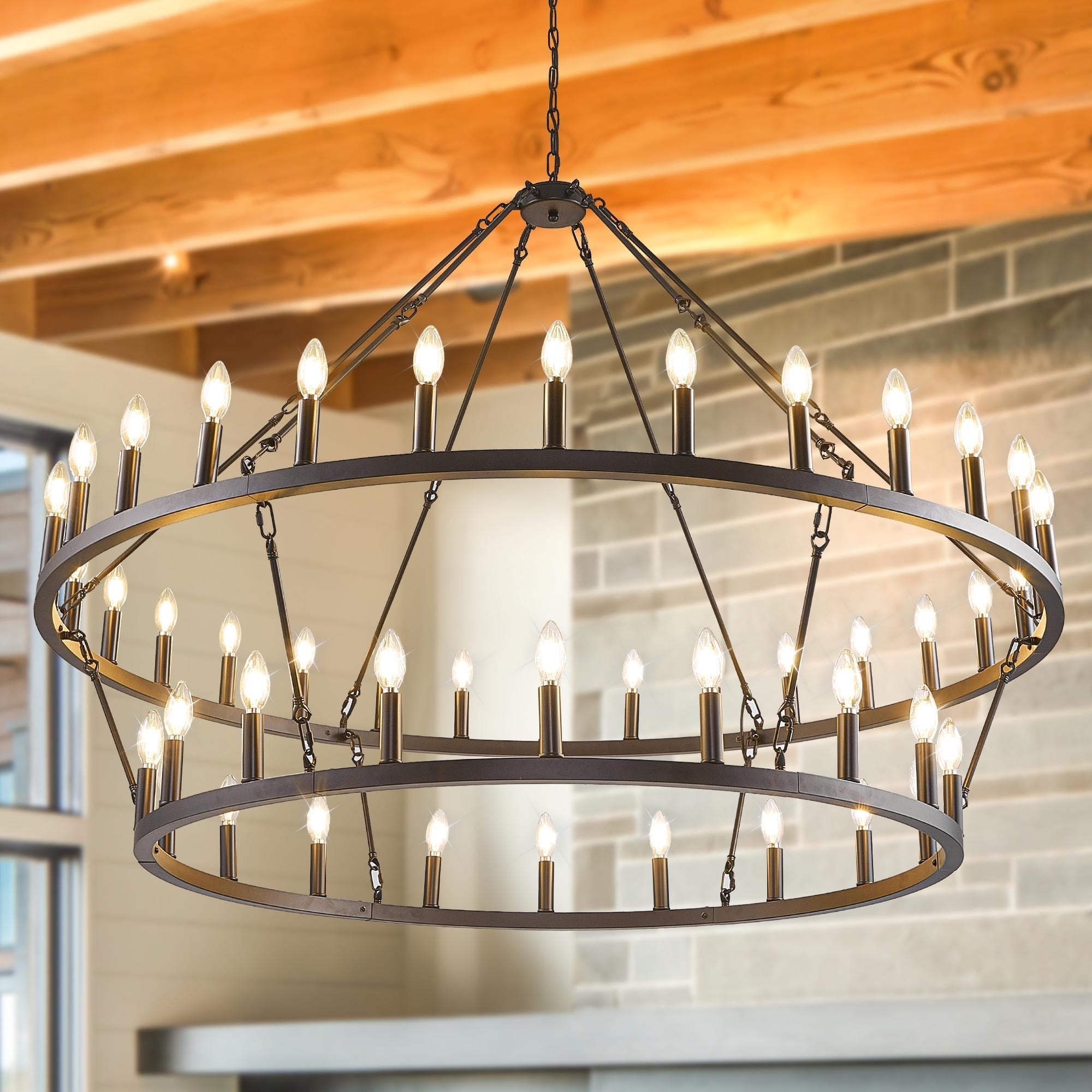 Lustre de ferme moderne à 2 niveaux, lustre rond en forme de roue de chariot, grand plafonnier haut.