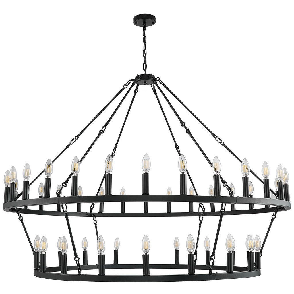 Lustre de ferme moderne à 2 niveaux, lustre rond en forme de roue de chariot, grand plafonnier haut.