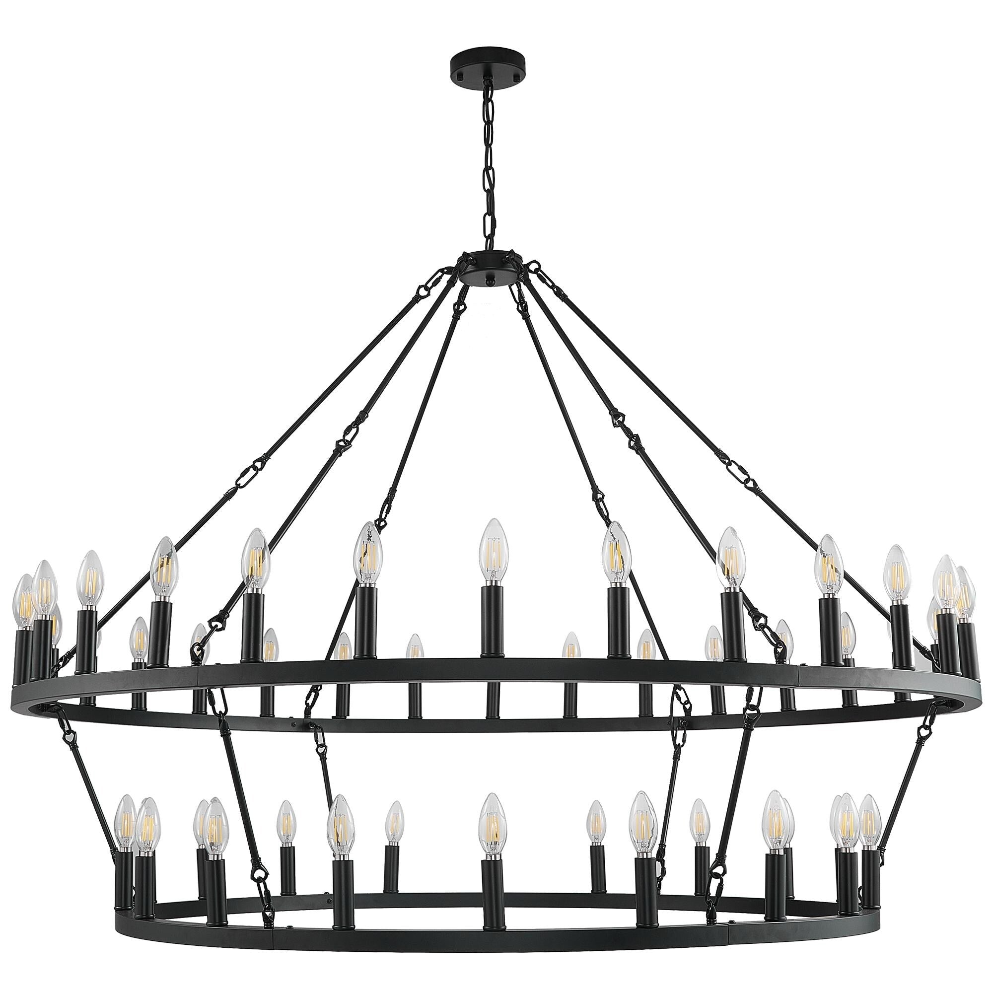 Lustre de ferme moderne à 2 niveaux, lustre rond en forme de roue de chariot, grand plafonnier haut.