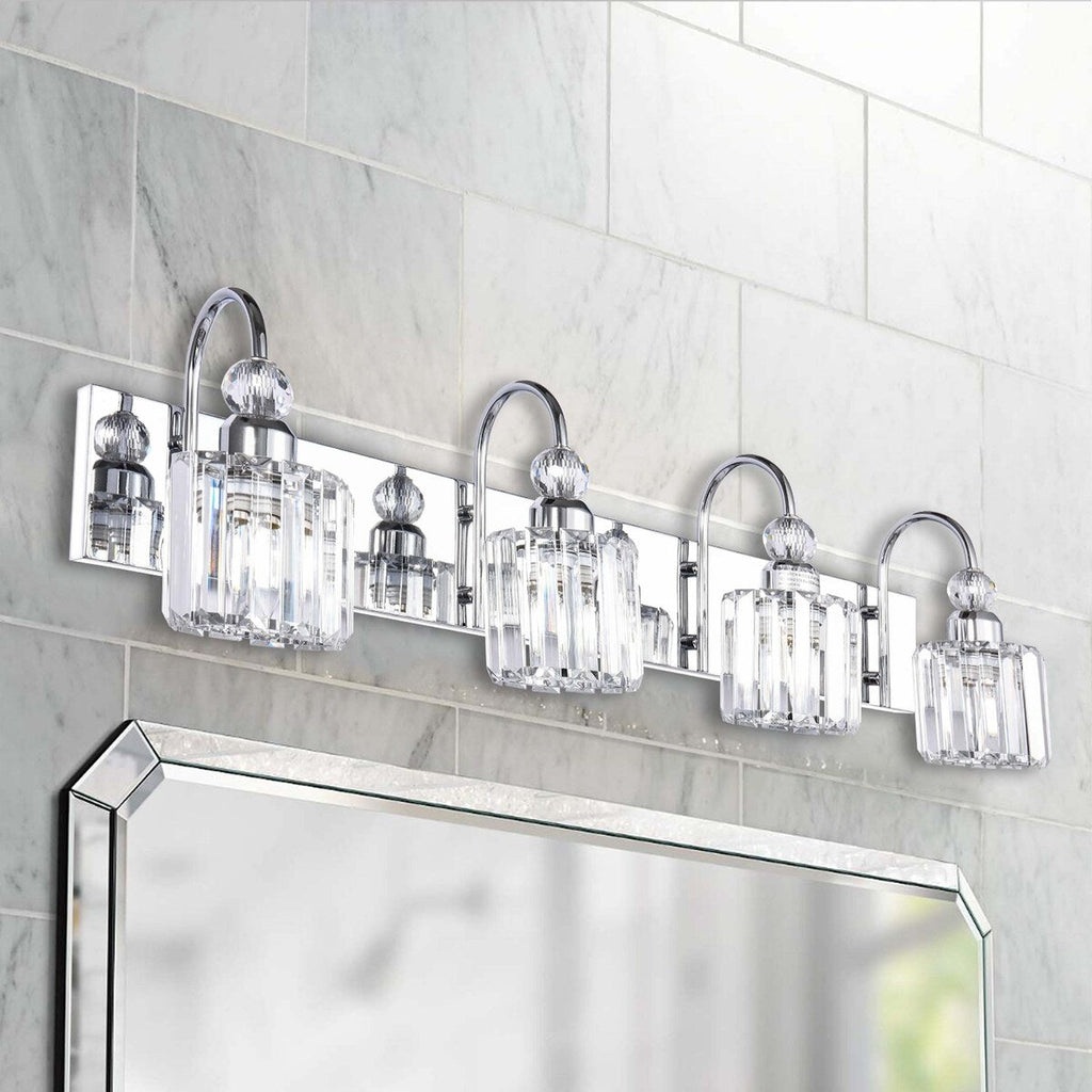 Applique murale linéaire moderne à 3 ou 4 lumières en cristal à intensité variable pour salle de bain