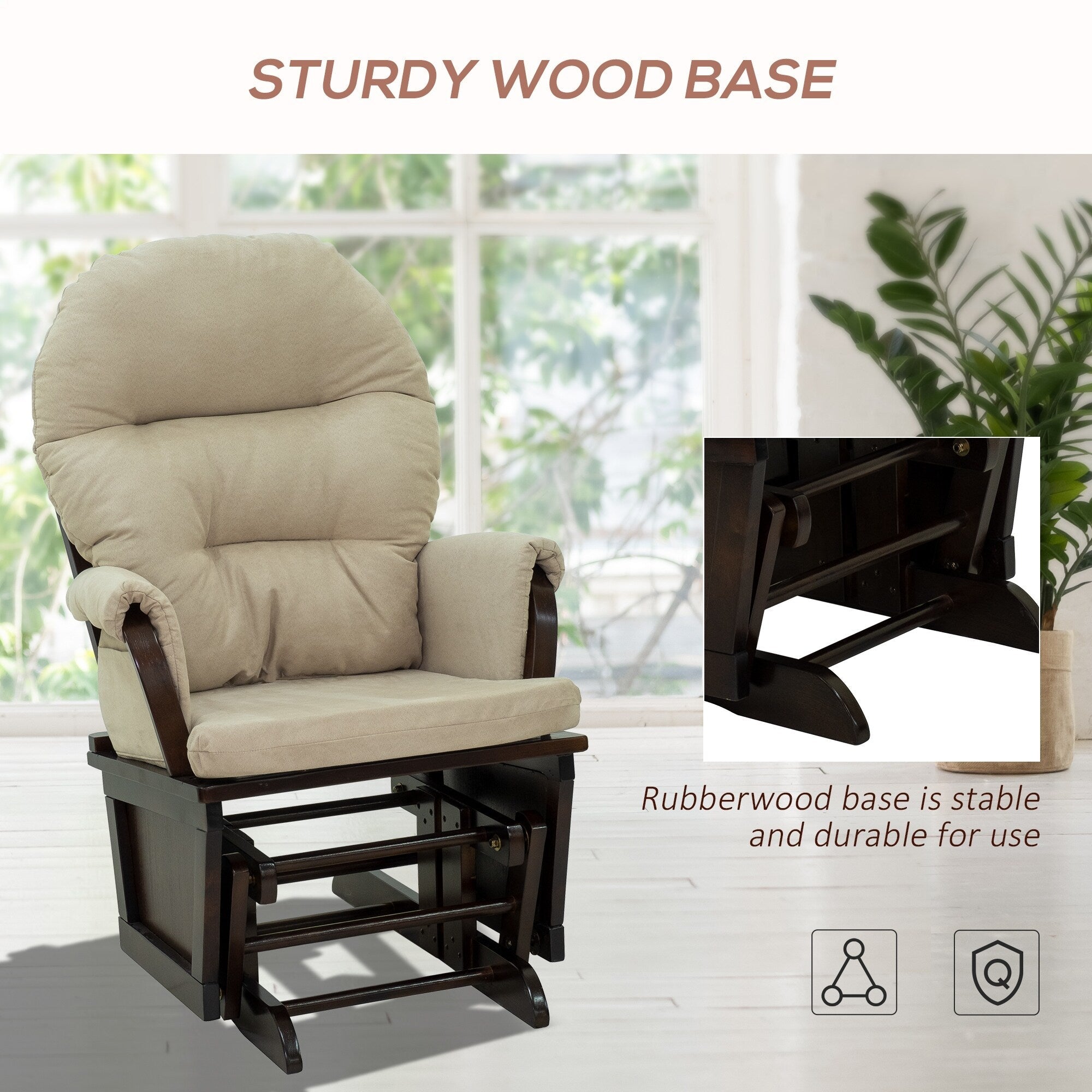 Fauteuil à bascule moderne en lin avec pouf assorti, coussin rembourré et base en bois