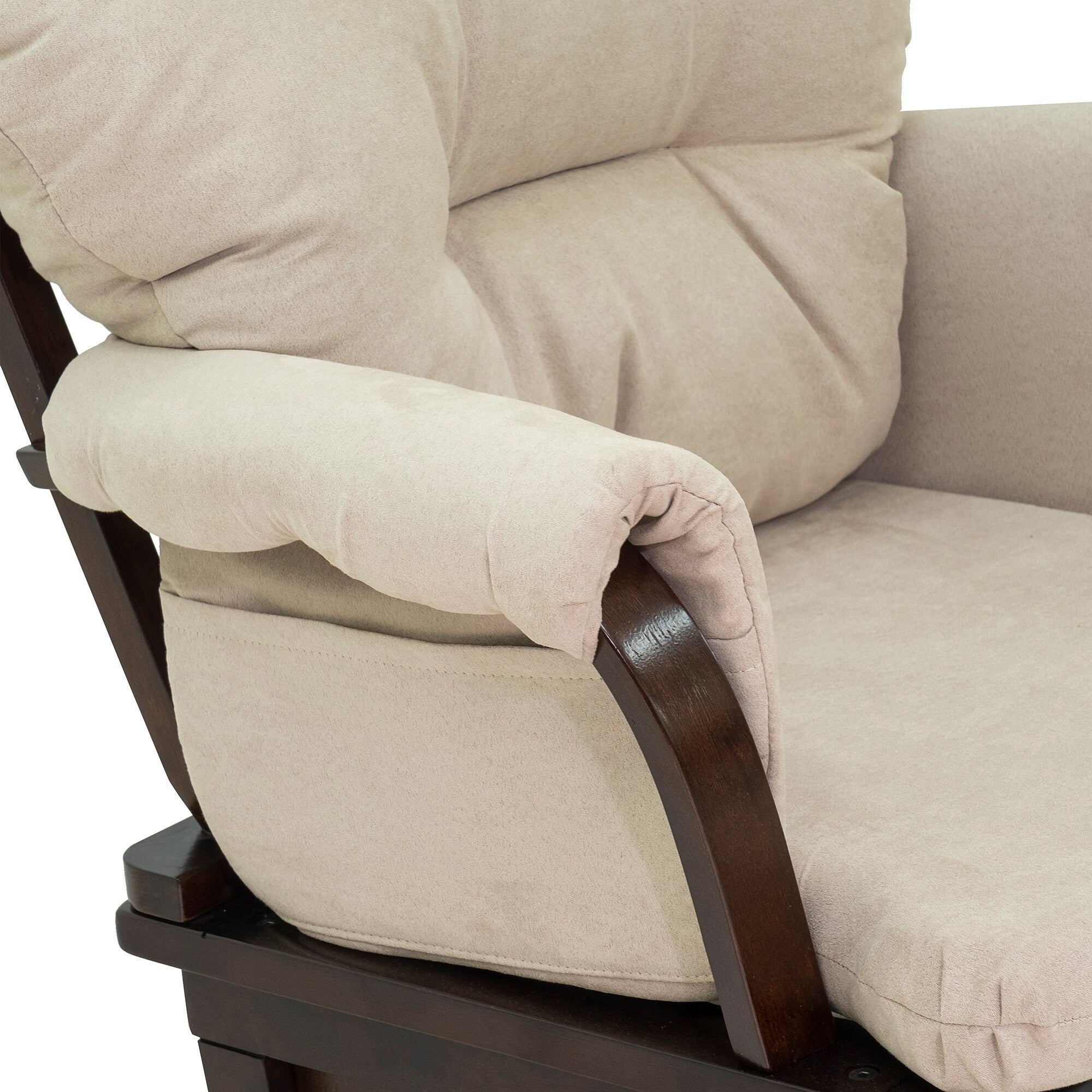 Fauteuil à bascule moderne en lin avec pouf assorti, coussin rembourré et base en bois