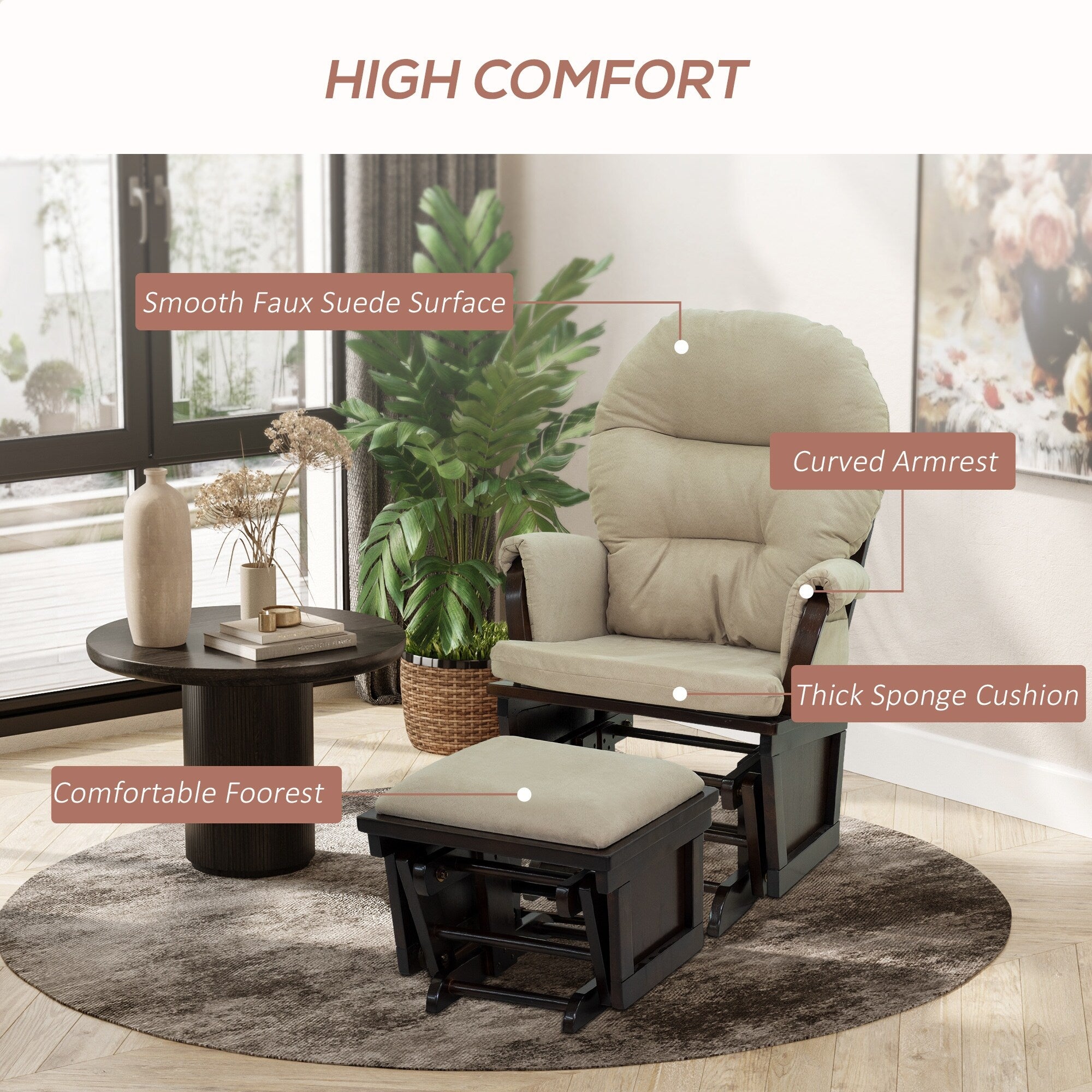 Fauteuil à bascule moderne en lin avec pouf assorti, coussin rembourré et base en bois