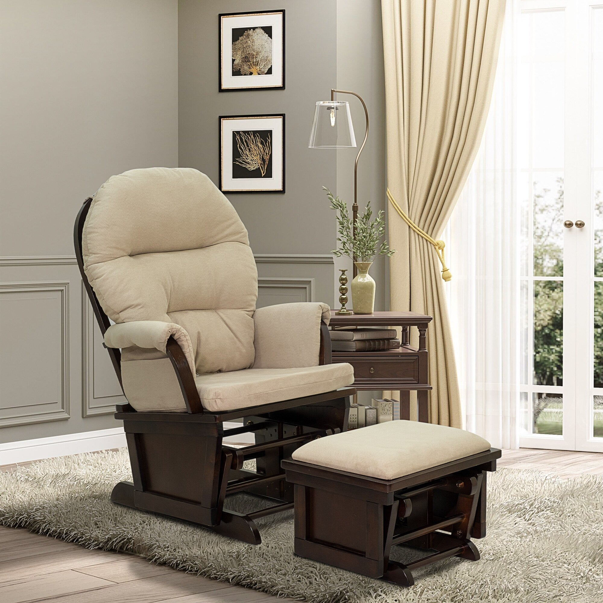Fauteuil à bascule moderne en lin avec pouf assorti, coussin rembourré et base en bois
