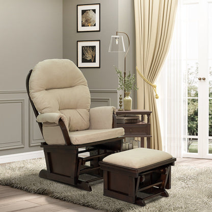 Fauteuil à bascule moderne en lin avec pouf assorti, coussin rembourré et base en bois