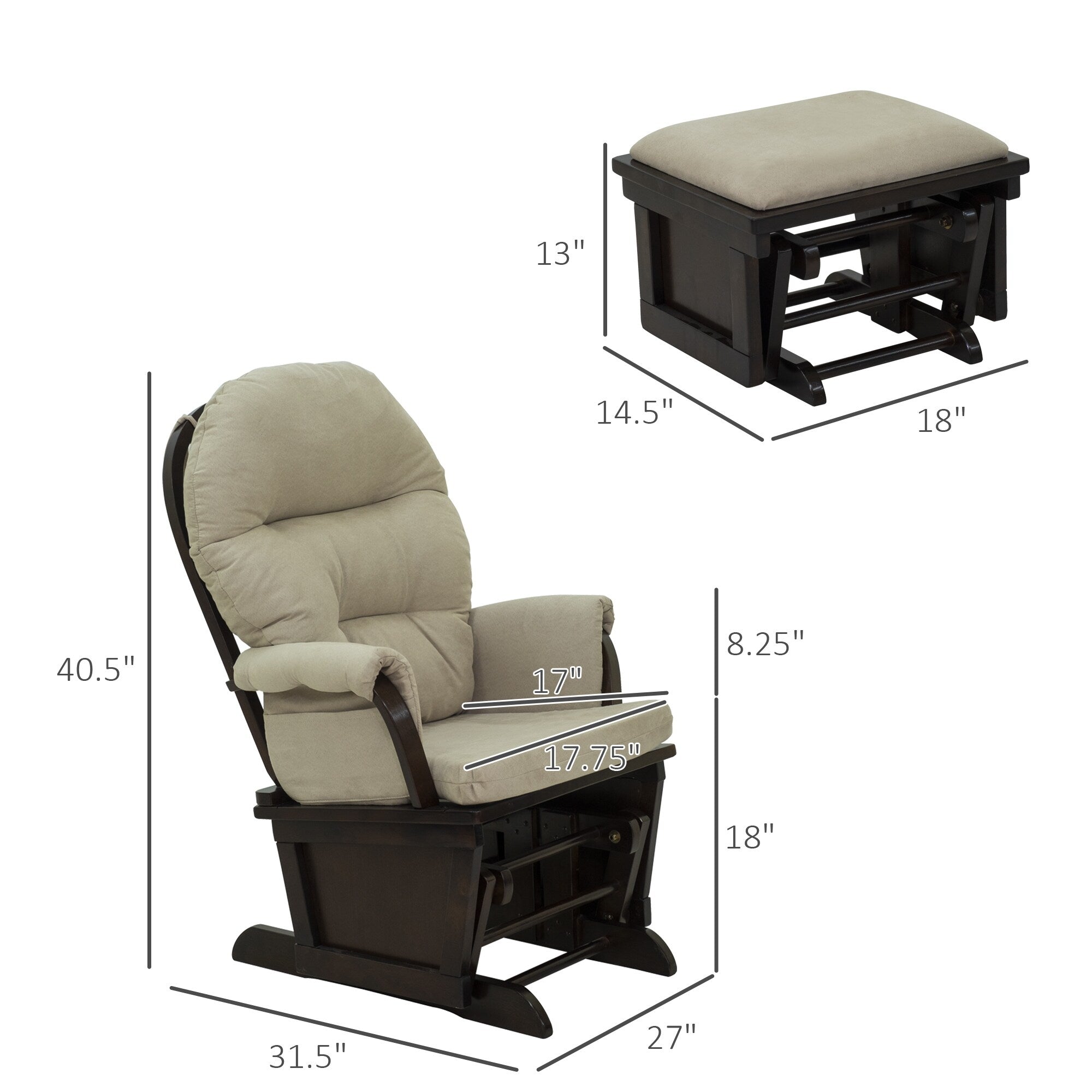 Fauteuil à bascule moderne en lin avec pouf assorti, coussin rembourré et base en bois