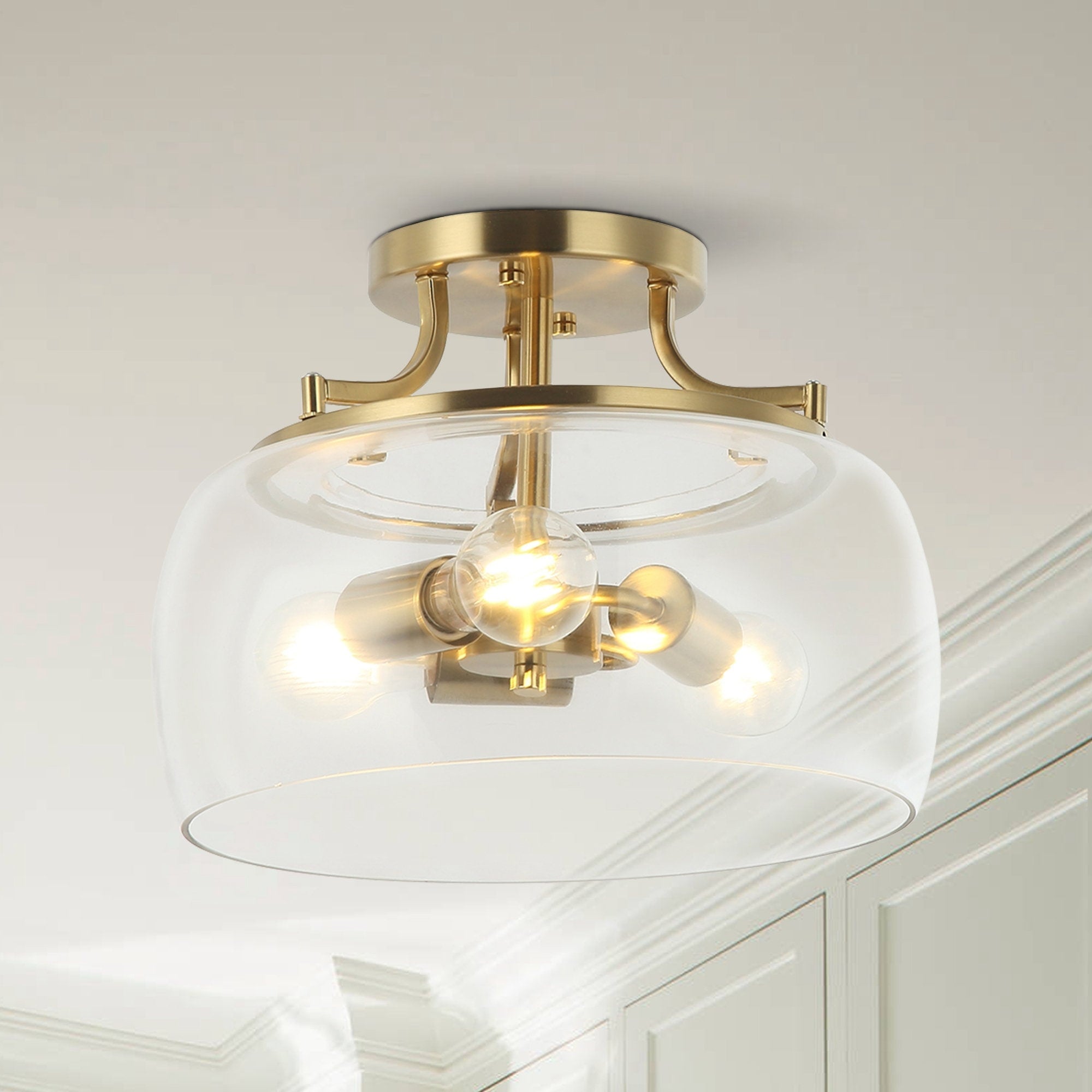 Plafonnier semi-encastré moderne en verre doré à 3 lumières