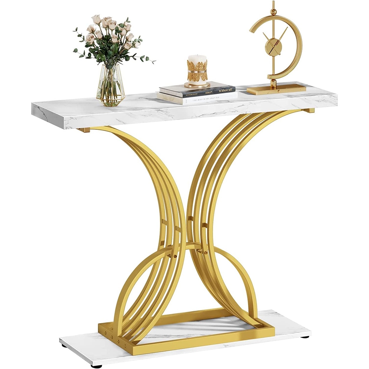 Console moderne dorée avec plateau en marbre pour entrée et couloir