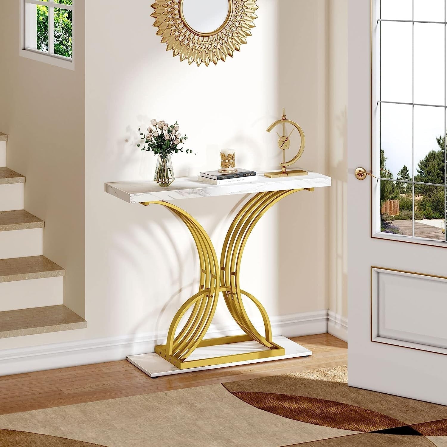 Console moderne dorée avec plateau en marbre pour entrée et couloir
