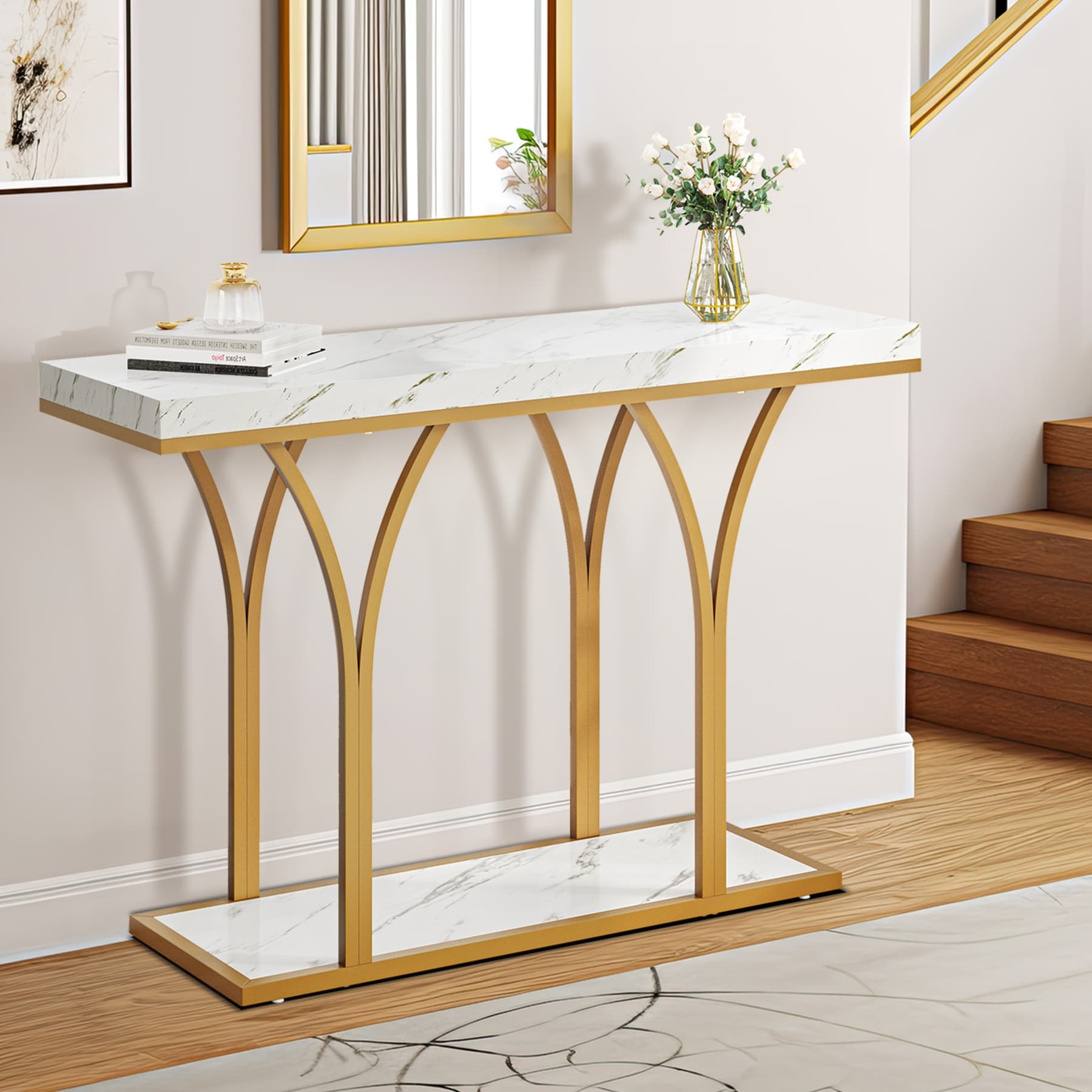 Console moderne dorée avec plateau en marbre pour entrée et couloir