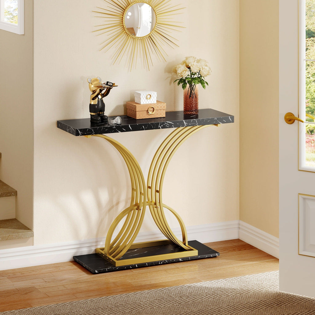Console moderne dorée avec plateau en marbre pour entrée et couloir