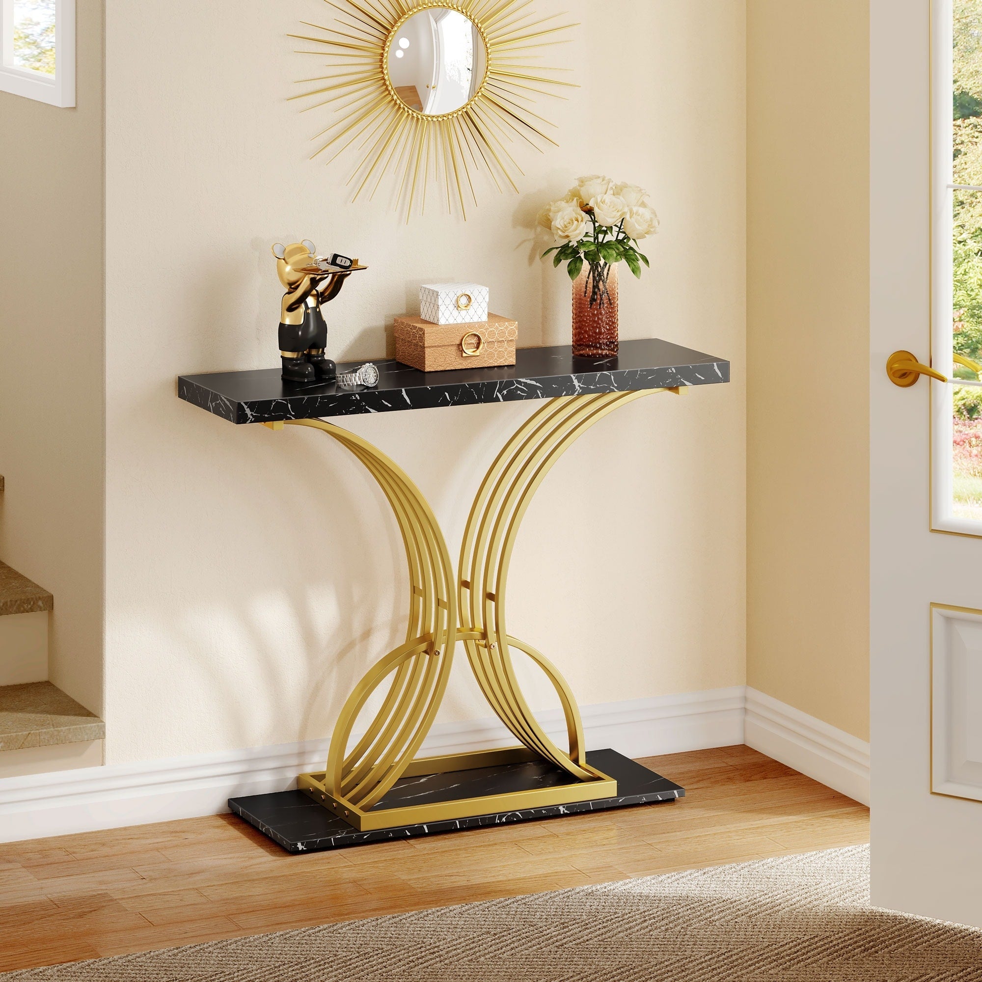 Console moderne dorée avec plateau en marbre pour entrée et couloir