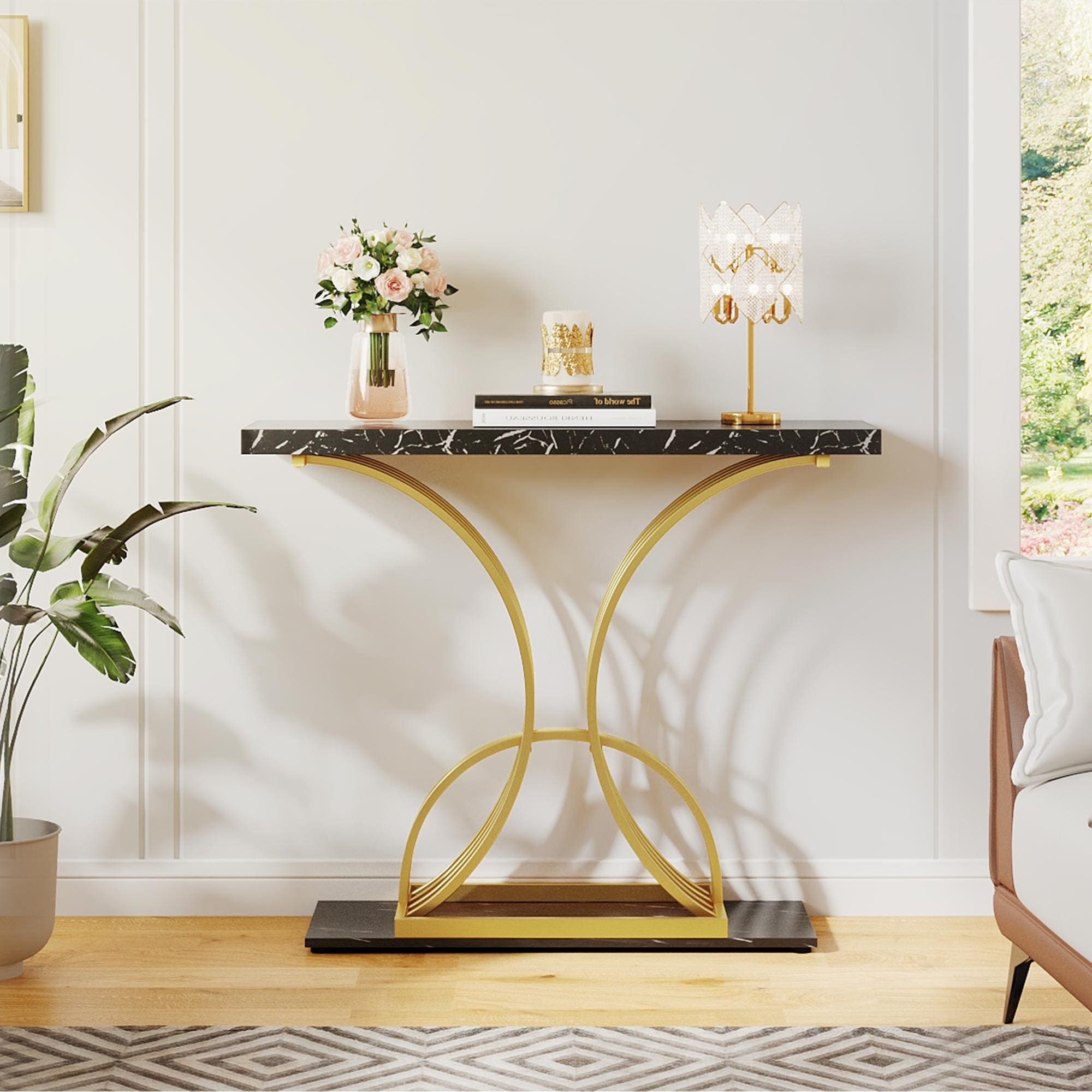 Console moderne dorée avec plateau en marbre pour entrée et couloir