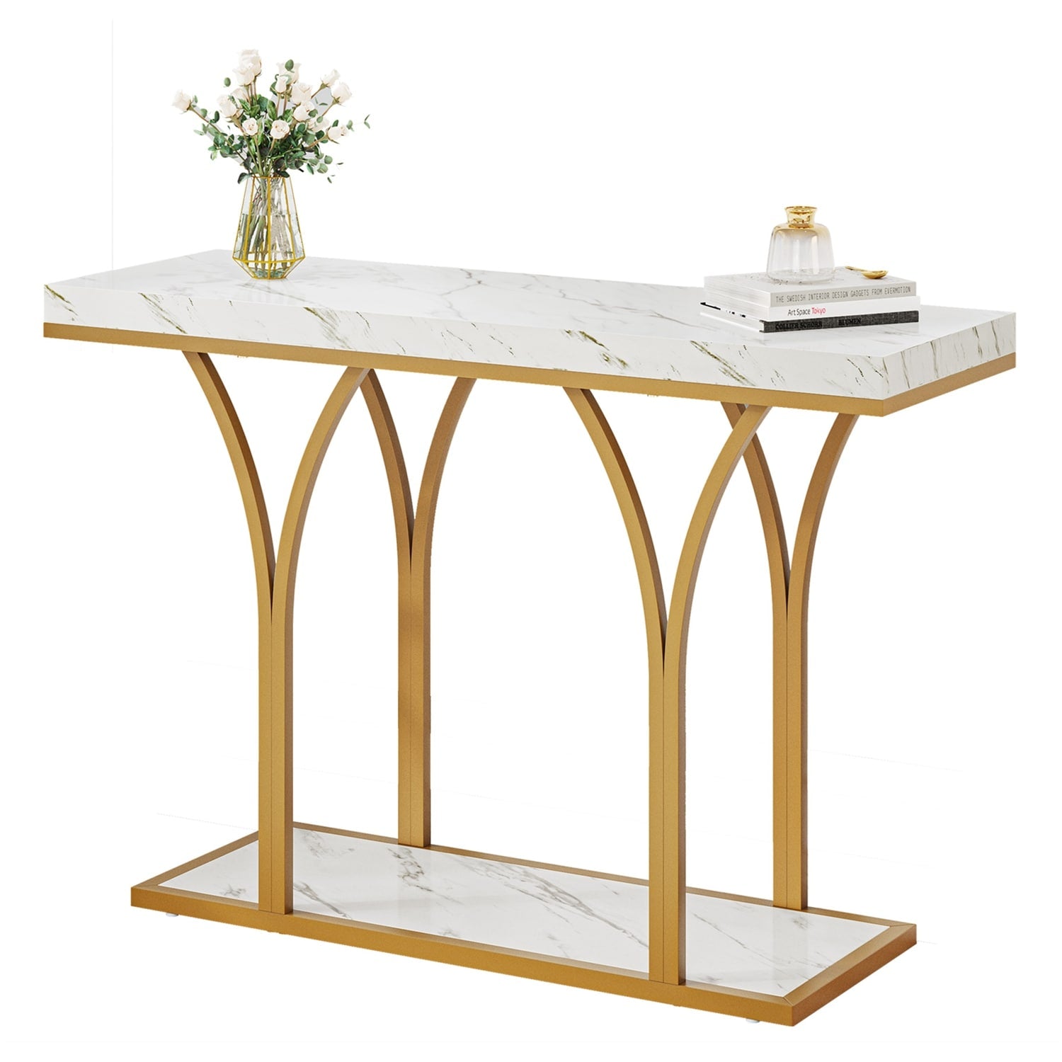 Console moderne dorée avec plateau en marbre pour entrée et couloir