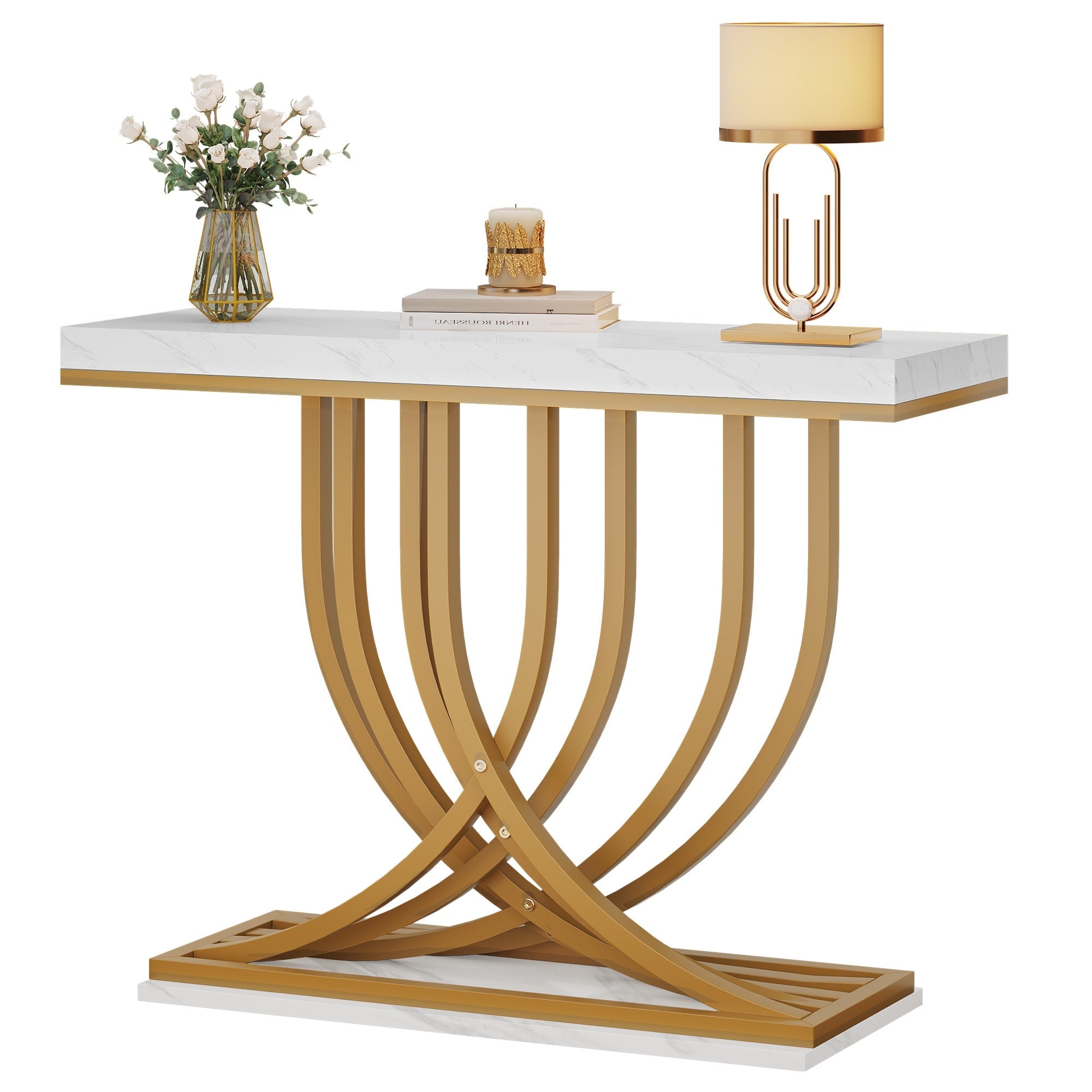 Console moderne dorée avec plateau en marbre pour entrée et couloir