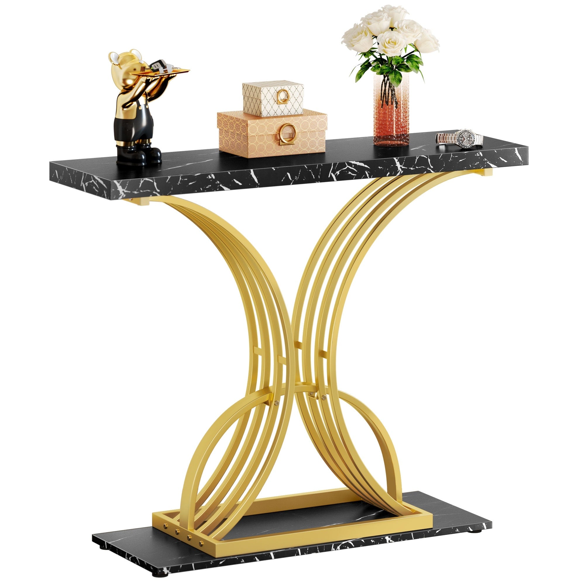 Console moderne dorée avec plateau en marbre pour entrée et couloir