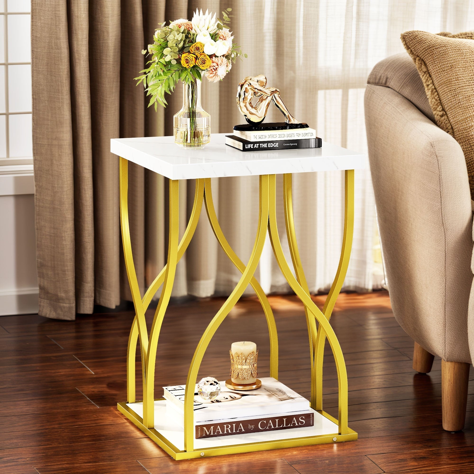 Console moderne dorée avec plateau en marbre pour entrée et couloir
