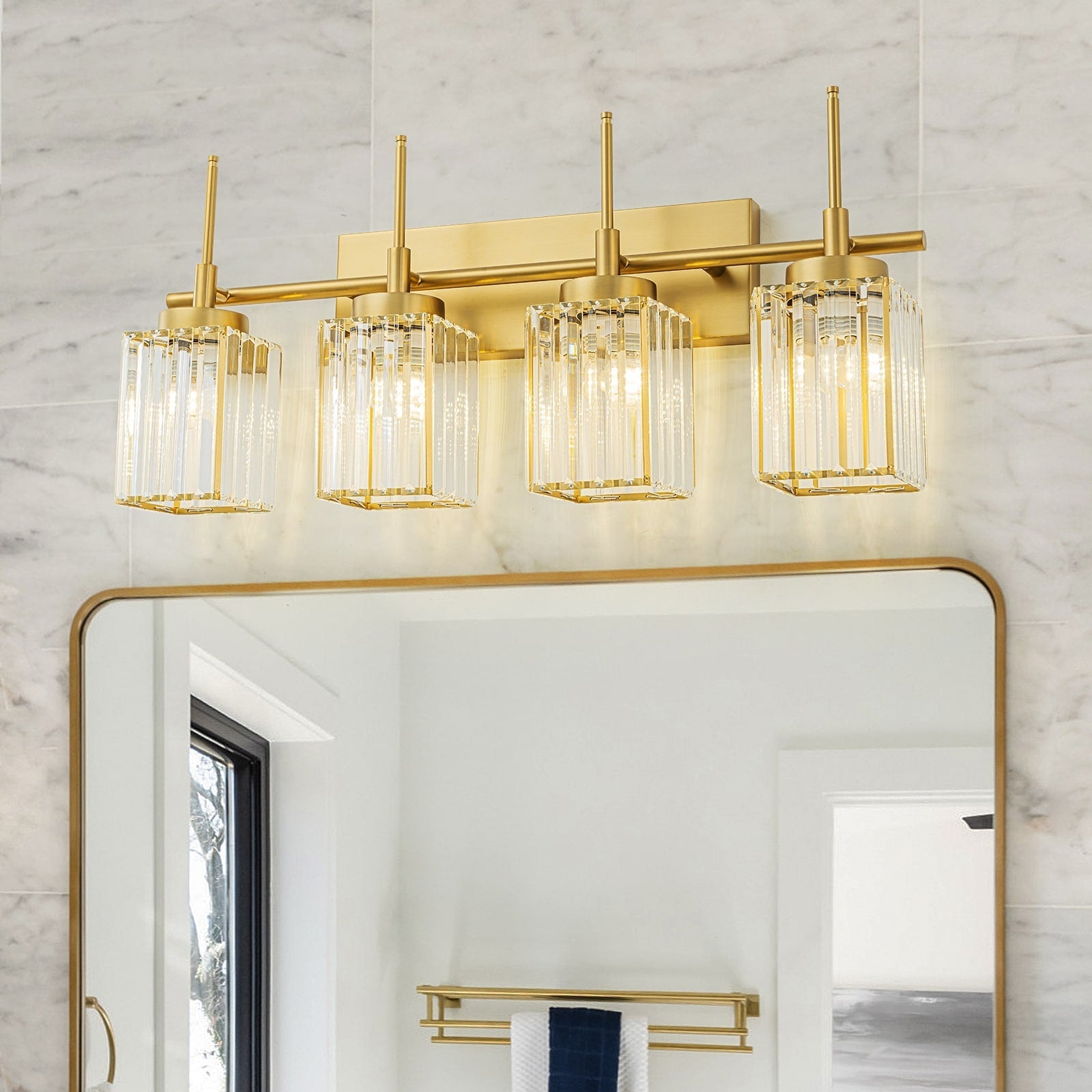 Applique murale moderne dorée à intensité variable, style cylindre glamour pour salle de bain, en cristal, pour vanité