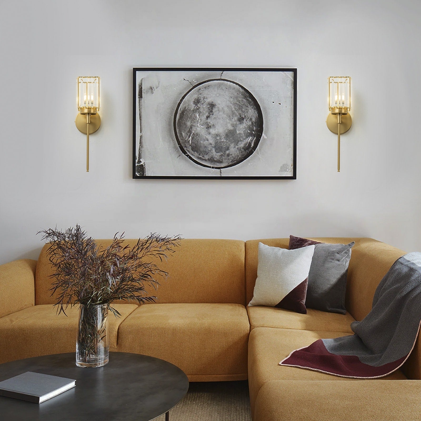 Applique murale moderne dorée à intensité variable, style cylindre glamour pour salle de bain, en cristal, pour vanité