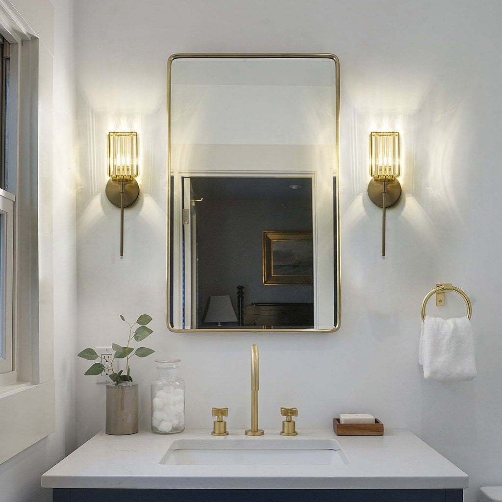 Applique murale moderne dorée à intensité variable, style cylindre glamour pour salle de bain, en cristal, pour vanité