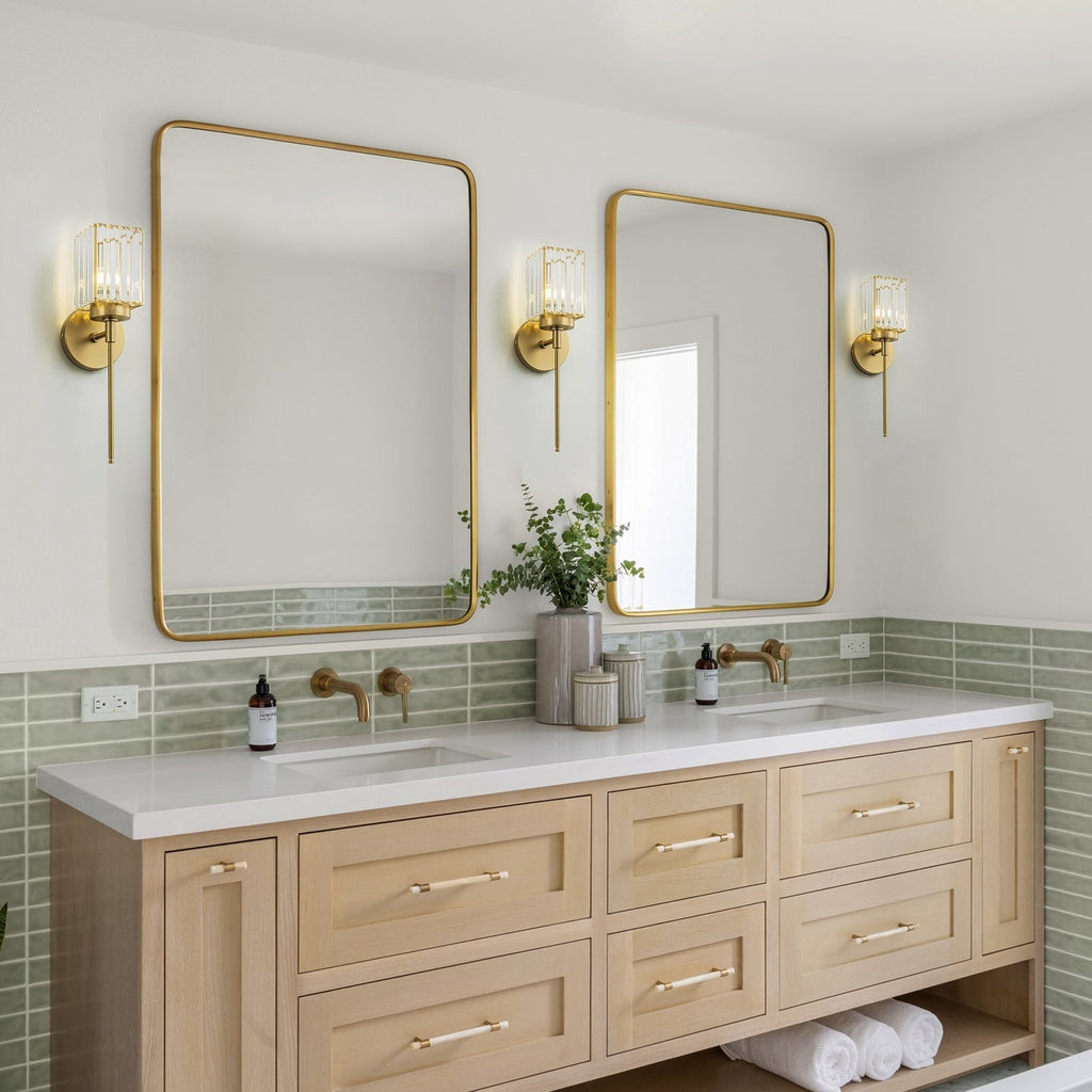 Applique murale moderne dorée à intensité variable, style cylindre glamour pour salle de bain, en cristal, pour vanité