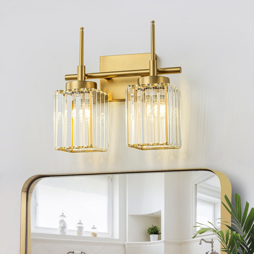 Applique murale moderne dorée à intensité variable, style cylindre glamour pour salle de bain, en cristal, pour vanité