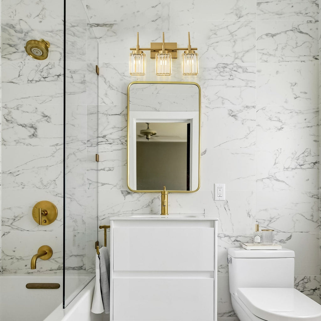 Applique murale moderne dorée à intensité variable, style cylindre glamour pour salle de bain, en cristal, pour vanité