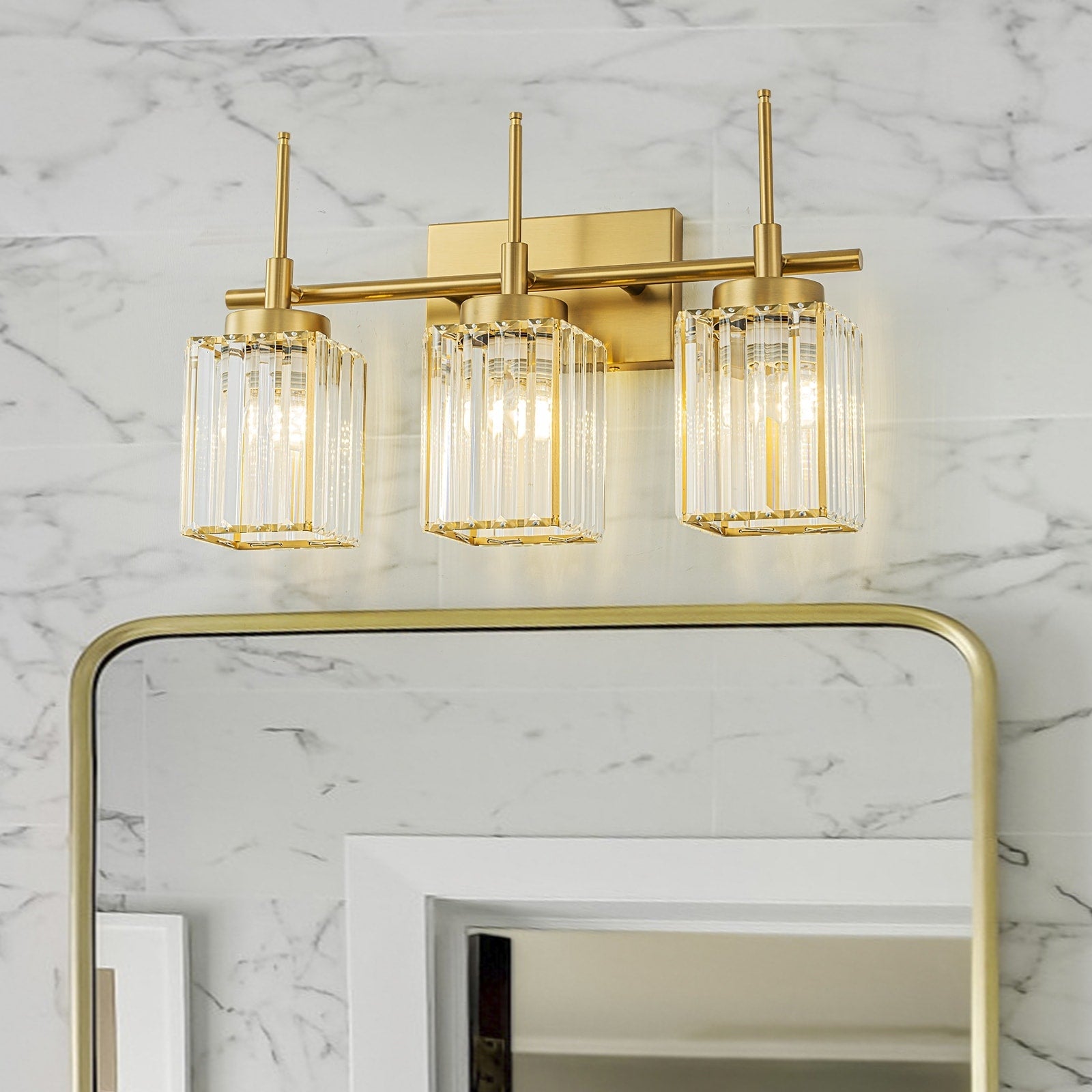 Applique murale moderne dorée à intensité variable, style cylindre glamour pour salle de bain, en cristal, pour vanité