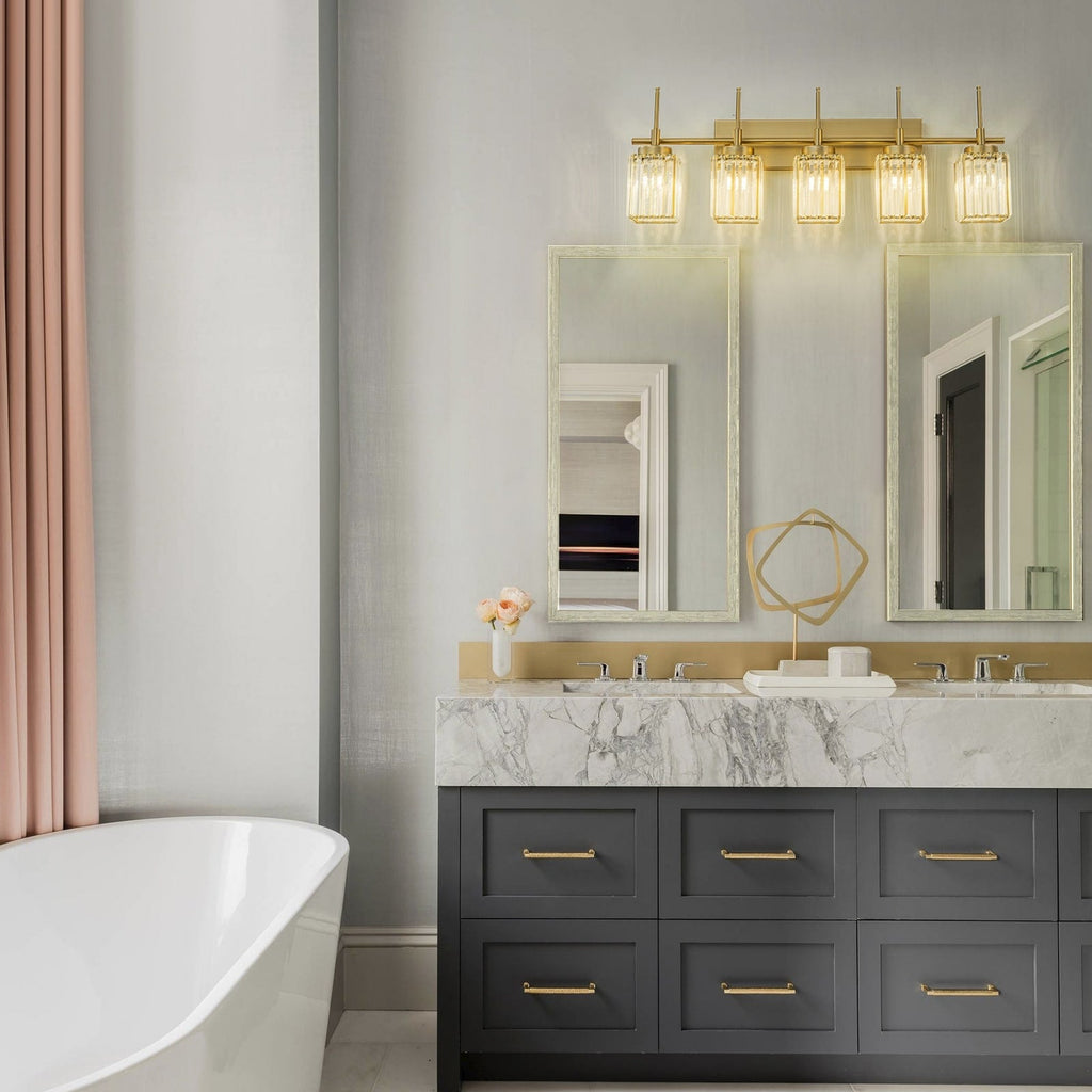 Applique murale moderne dorée à intensité variable, style cylindre glamour pour salle de bain, en cristal, pour vanité