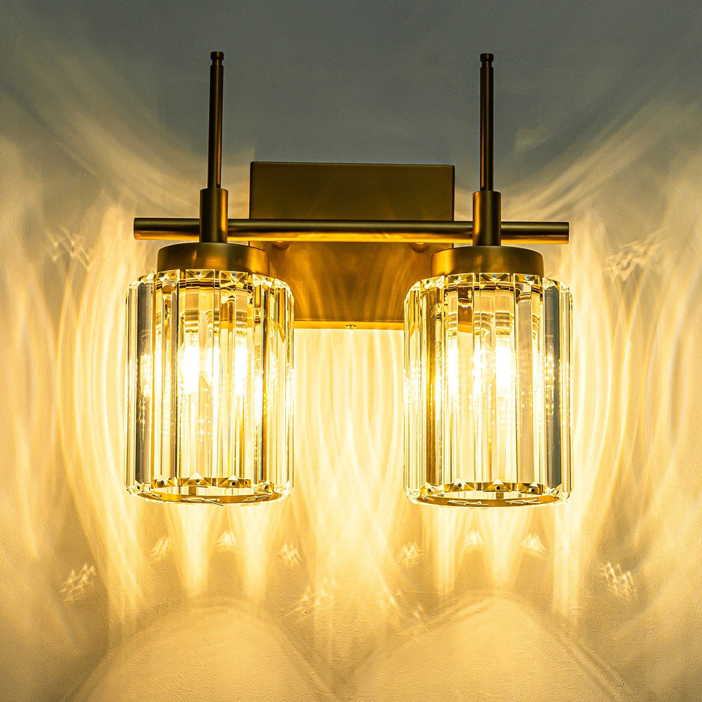 Applique murale moderne dorée à intensité variable, style cylindre glamour pour salle de bain, en cristal, pour vanité