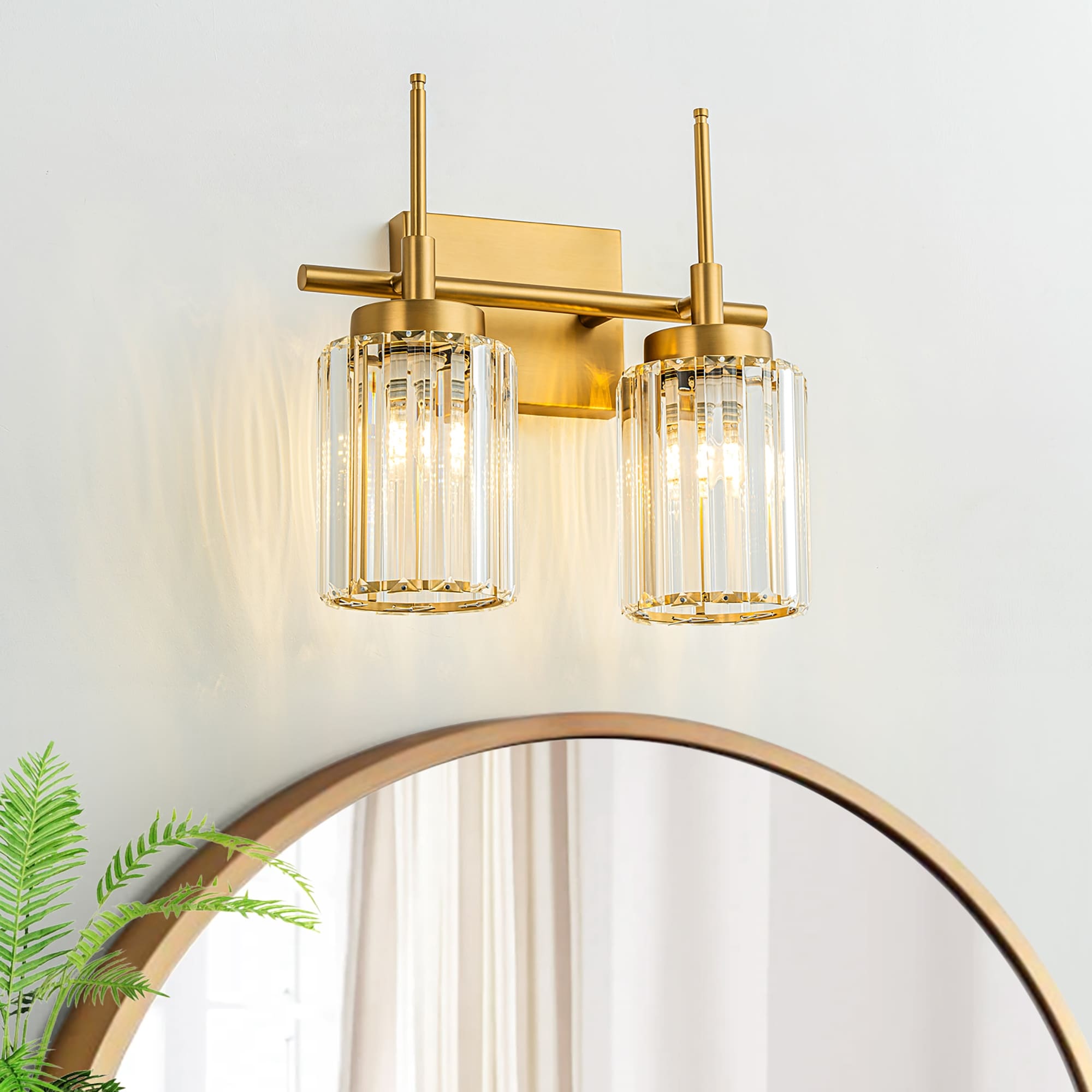 Applique murale moderne dorée à intensité variable, style cylindre glamour pour salle de bain, en cristal, pour vanité