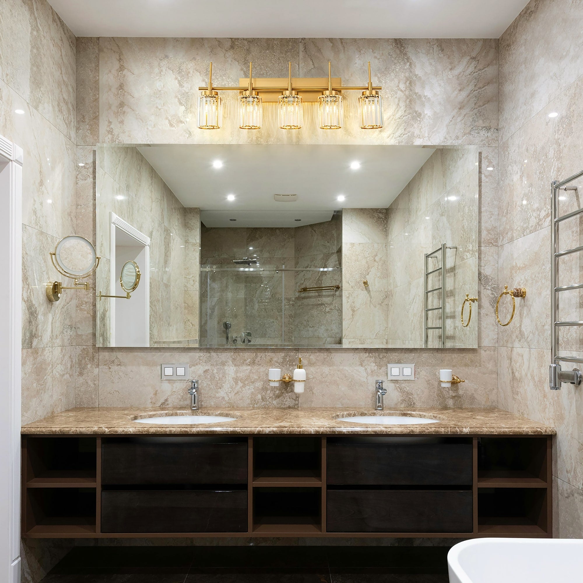 Applique murale moderne dorée à intensité variable, style cylindre glamour pour salle de bain, en cristal, pour vanité