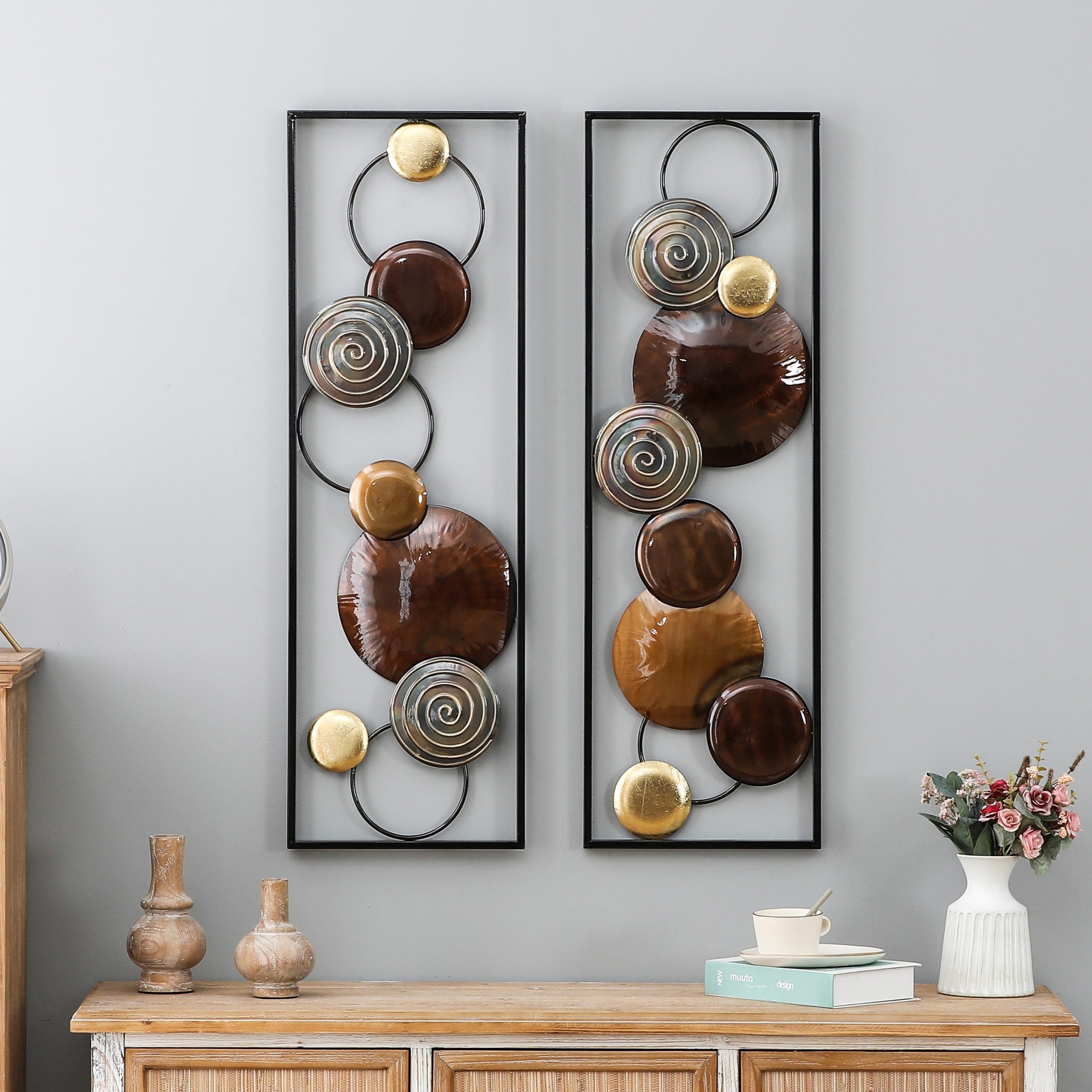 Décoration murale moderne en métal doré et marron (lot de 2)