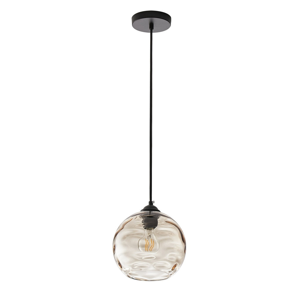 Lampe suspendue moderne noire à 1 lumière avec abat-jour en verre transparent ondulé