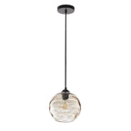 Lampe suspendue moderne noire à 1 lumière avec abat-jour en verre transparent ondulé