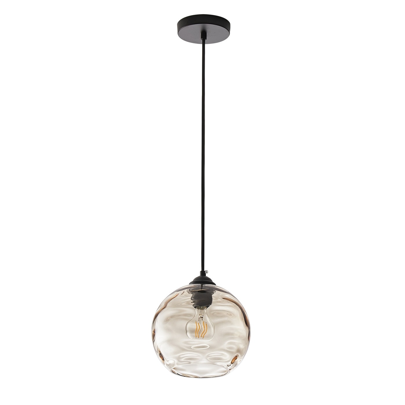 Lampe suspendue moderne noire à 1 lumière avec abat-jour en verre transparent ondulé