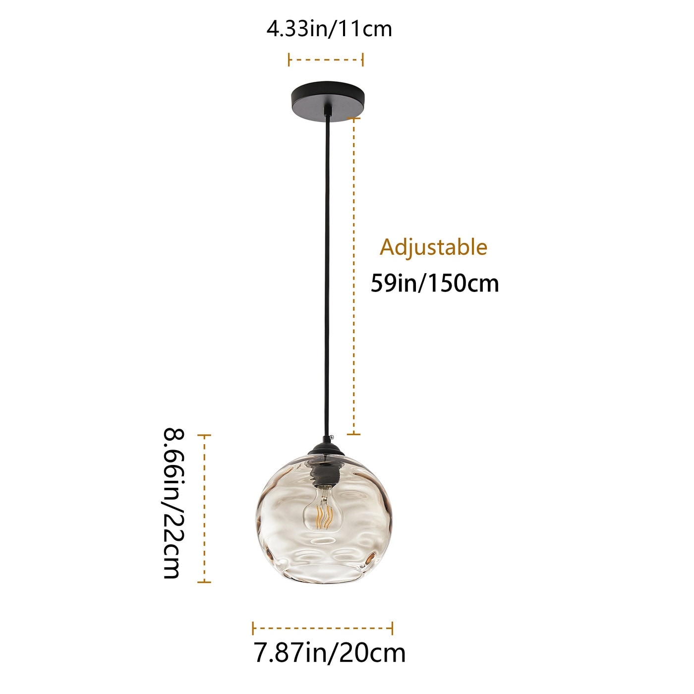 Lampe suspendue moderne noire à 1 lumière avec abat-jour en verre transparent ondulé