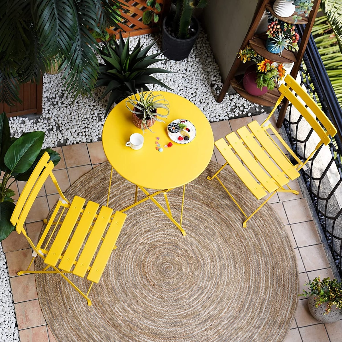Ensemble bistrot pliant en métal 3 pièces, résistant aux intempéries, pour l'extérieur et l'intérieur, idéal pour la terrasse, la cour et le jardin.
