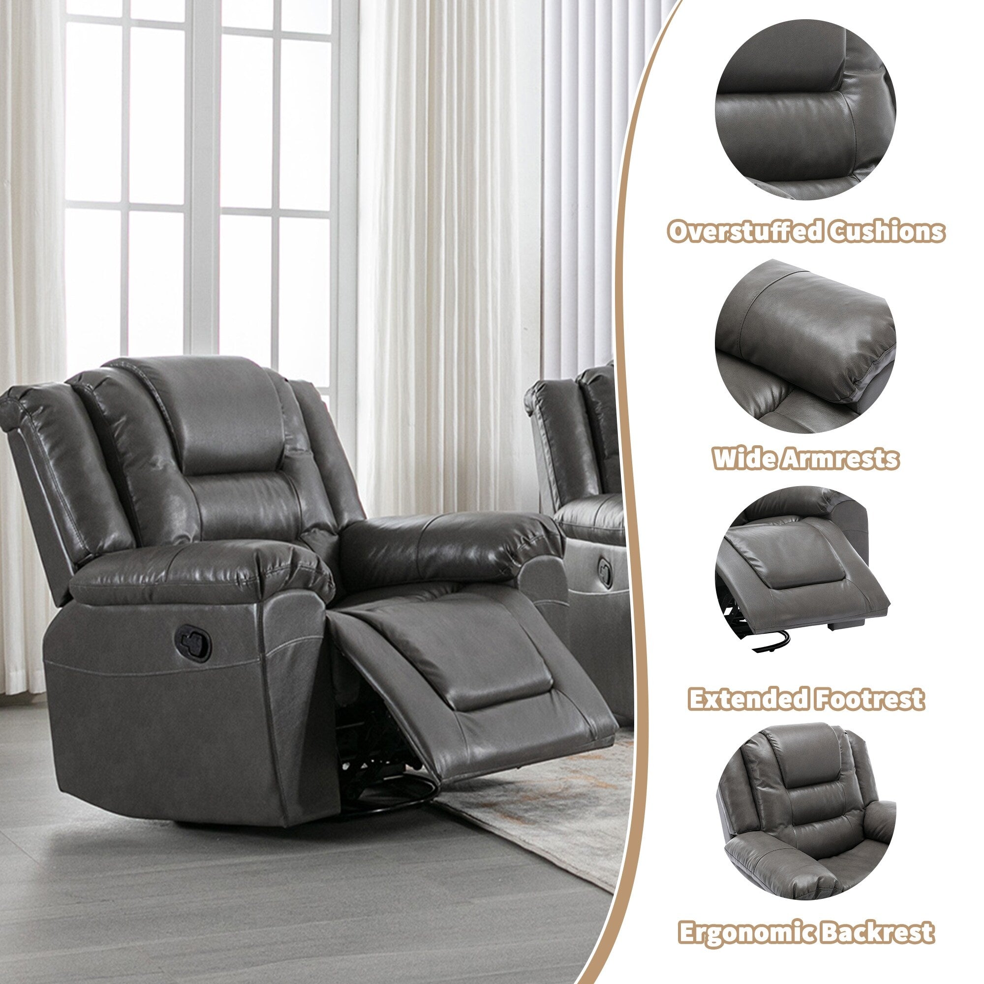Fauteuil inclinable pivotant manuel pour home cinéma moderne, fauteuil à bascule simple avec accoudoirs larges et coussins imperméables