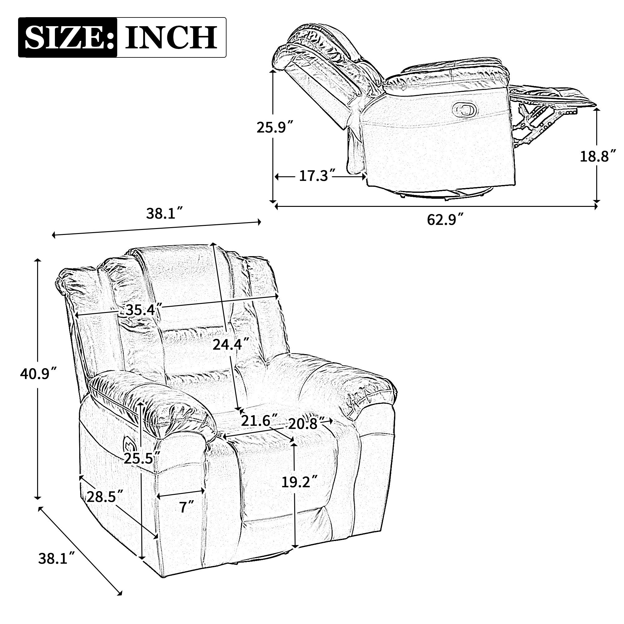 Fauteuil inclinable pivotant manuel pour home cinéma moderne, fauteuil à bascule simple avec accoudoirs larges et coussins imperméables