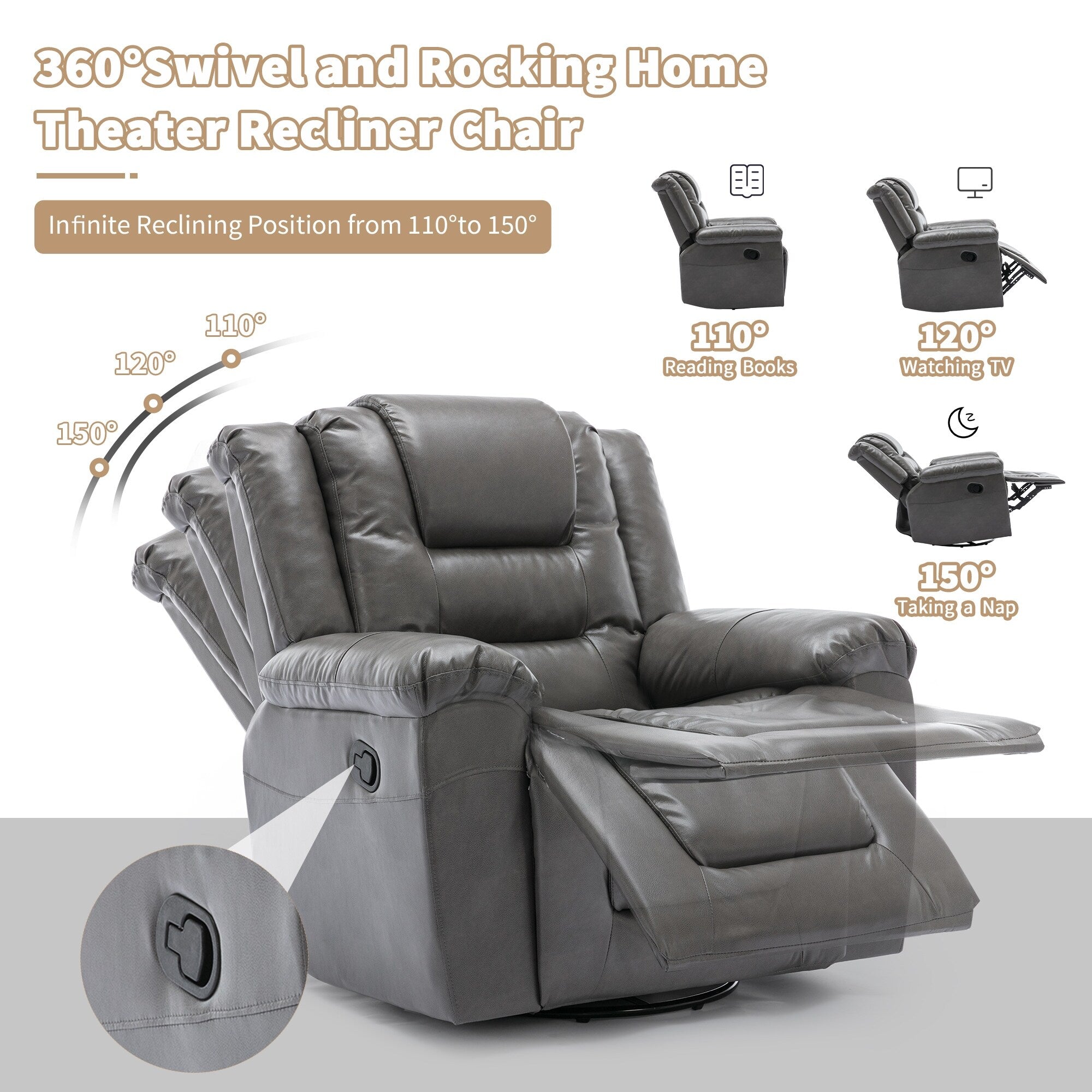 Fauteuil inclinable pivotant manuel pour home cinéma moderne, fauteuil à bascule simple avec accoudoirs larges et coussins imperméables