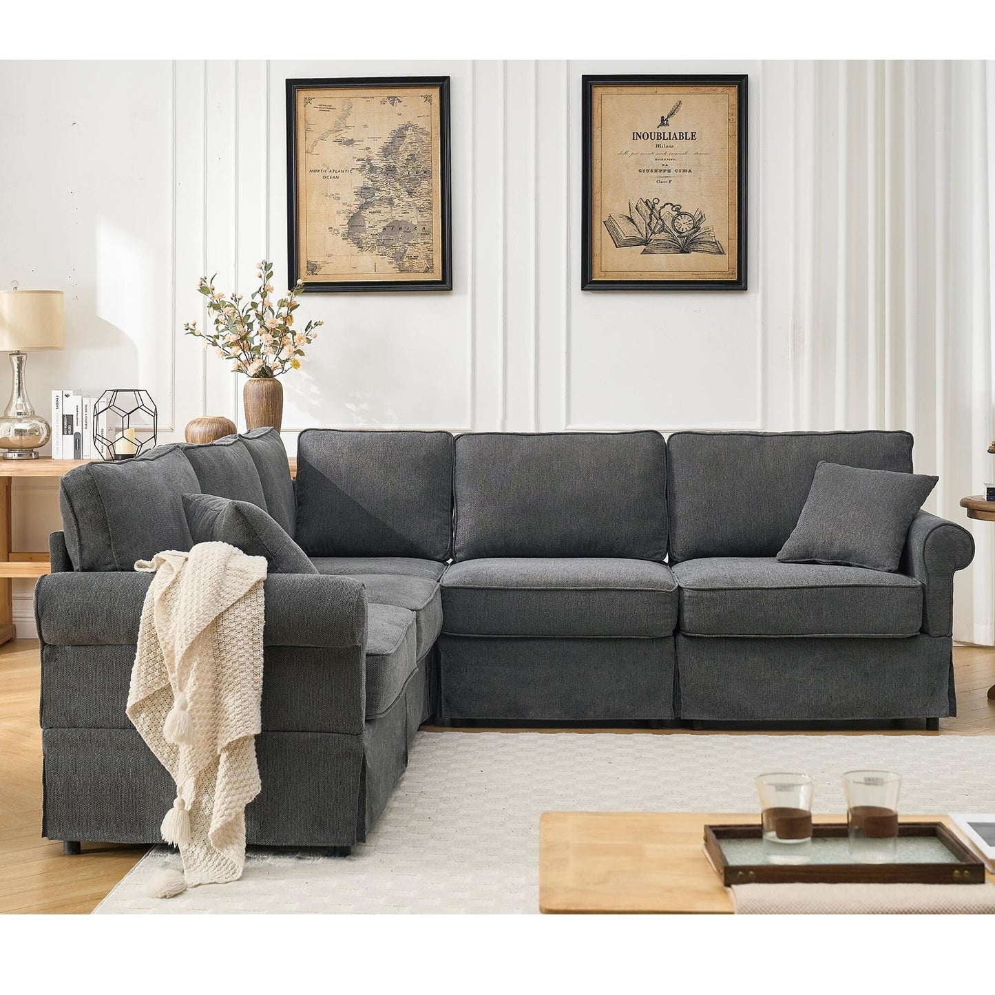 Canapé d'angle sectionnel réversible moderne en forme de L 5 places avec accoudoirs roulés pour salon appartement