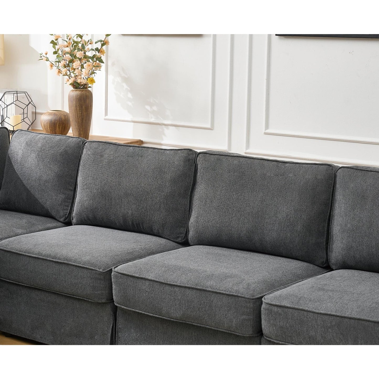 Canapé d'angle sectionnel réversible moderne en forme de L 5 places avec accoudoirs roulés pour salon appartement