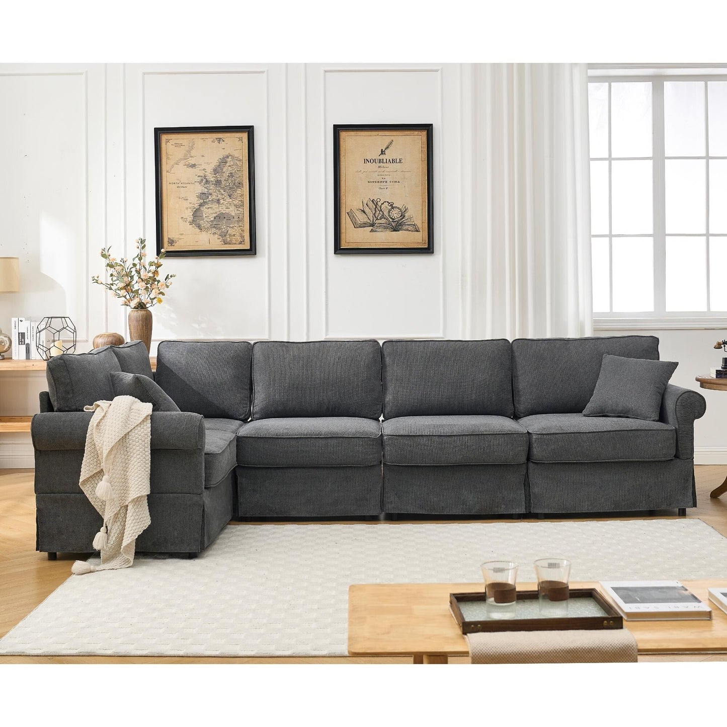 Canapé d'angle sectionnel réversible moderne en forme de L 5 places avec accoudoirs roulés pour salon appartement