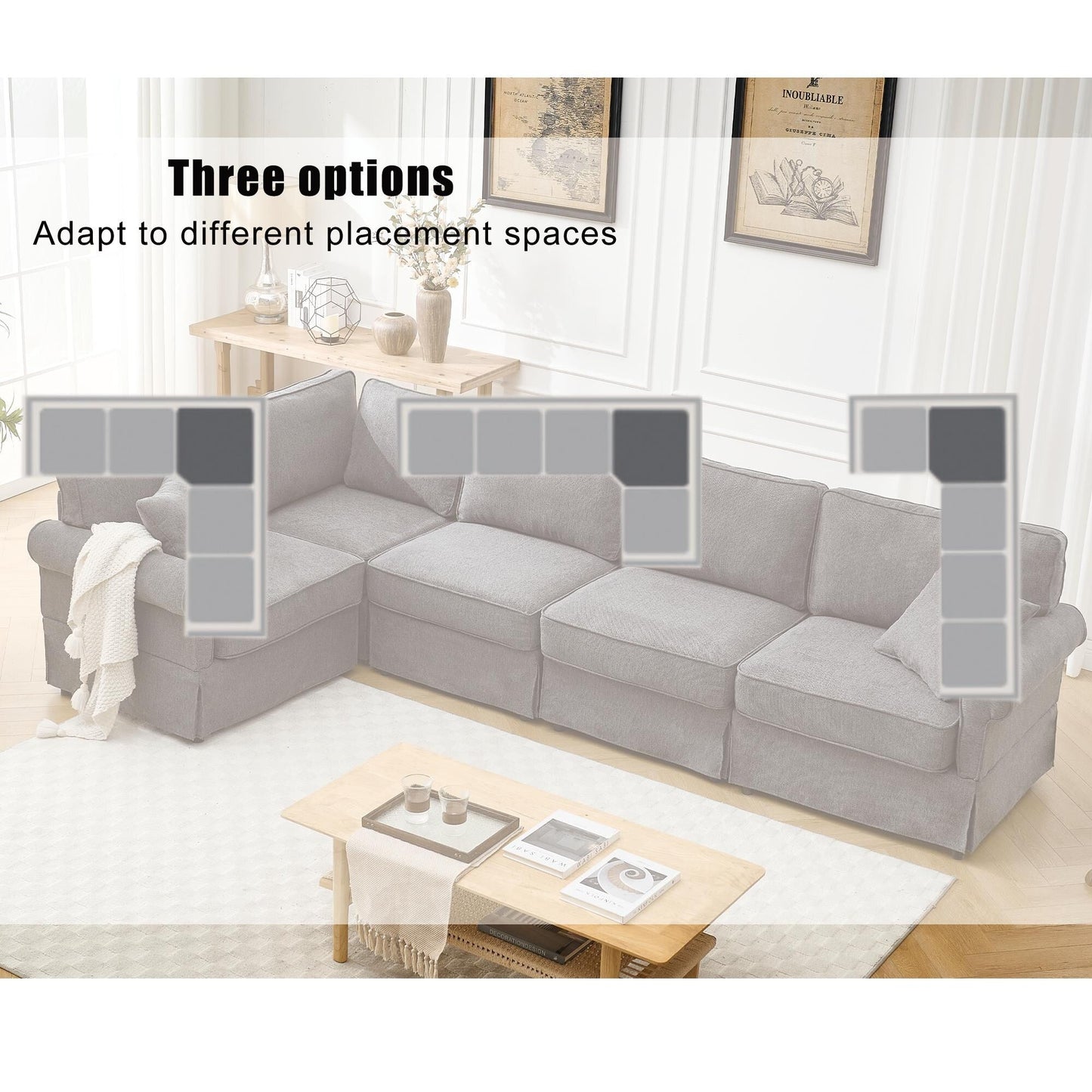 Canapé d'angle sectionnel réversible moderne en forme de L 5 places avec accoudoirs roulés pour salon appartement