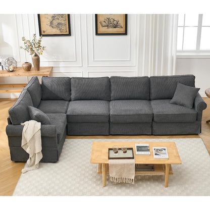Canapé d'angle sectionnel réversible moderne en forme de L 5 places avec accoudoirs roulés pour salon appartement