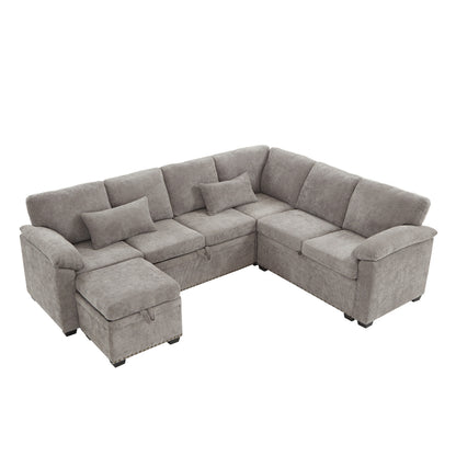 Canapé sectionnel moderne en chenille en forme de L avec canapé-lit gigogne, sièges de rangement, pouf et 2 oreillers pour le salon
